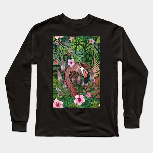 Florencia the Flamingo in her Forest Full of Florals Long Sleeve T-Shirt by IrishViking2